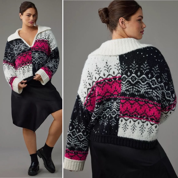 Anthropologie Pilcro V-Neck Fuzzy Printed Popover Sweater - Picture 2 of 15